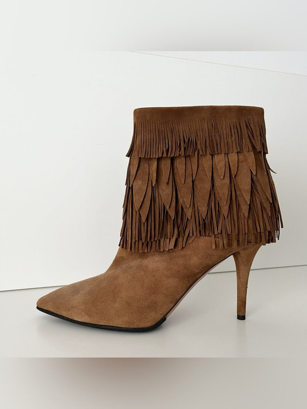 NEW Aquazzura Women's Sasha Suede Ankle Boots 38.5 Brown Fringe Heels Boho Luxe